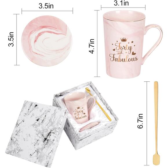 YHRJWN Forty and‎ Fabulous Mug Cup with Coaster and Spoon Pink Marble and Gold - Picture 4 of 6